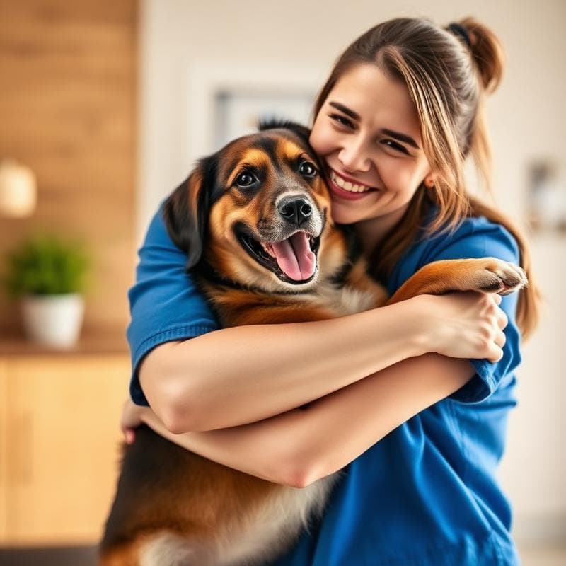Tutora feliz com seu pet após consulta na BendVet